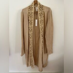Chico’s Leslie Lace and Knit Open Front Cream Long Cardigan Size 4 (XL)